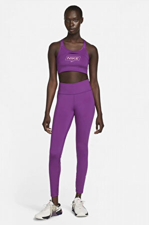 Nike Pro Dri Fit Swoosh Sports Bra in Viotech Cave Purple Orta Destekli Dolgusuz Grafik Kadın Spor Sütyeni Mor