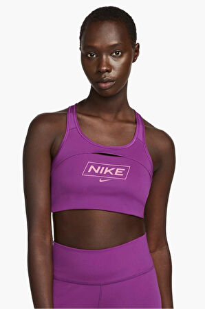 Nike Pro Dri Fit Swoosh Sports Bra in Viotech Cave Purple Orta Destekli Dolgusuz Grafik Kadın Spor Sütyeni Mor