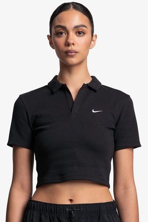 Nike Essential Swoosh Short Sleeve Polo Top Black Kadın Slim Fit Crop Polo Yaka Tişört Siyah