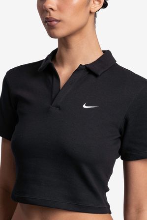 Nike Essential Swoosh Short Sleeve Polo Top Black Kadın Slim Fit Crop Polo Yaka Tişört Siyah