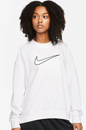 Nike Training Plus Essential Get Fit Dri Fit Graphic Crew White Oversized Bol Kesim Kadın Sweatshirt Beyaz