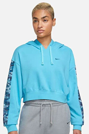 Nike Dri Fit Training French Terry Bol Kesim Fransız Havlu Kumaş Crop Kadın Sweatshirt Mavi