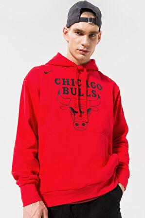 Nike NBA Chicago Bulls Fleece Pullover Essential Erkek Kapüşonlu Bol Kesim Sweatshirt Kırmızı