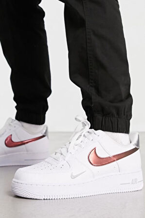 Nike Air Force 1 '07 Trainers White With Metallic Swoosh Leather Sneaker Hakiki Deri Erkek Günlük Spor Ayakkabı Beyaz