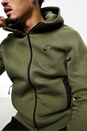 Nike Tech Fleece Full Zip Windrunner Hoodie Green Kapüşonlu Unisex Sweatshirt Haki Yeşil