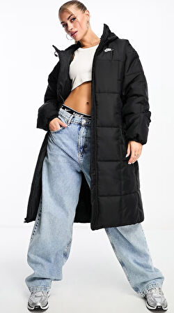 Nike Terma Fit Synthetic Fill Loose Fit Classic Maxi Puffer Jacket Kadın Kapüşonlu Bol Kesim Parka Siyah