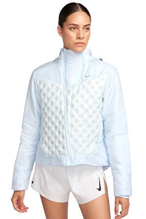 Nike Therma Fit ADV Repel AeroLoft Running Full Zip Hoodie Kadın Bol Kesim Kaz Tüyü Kapüşonlu Ceket Açık Mavi
