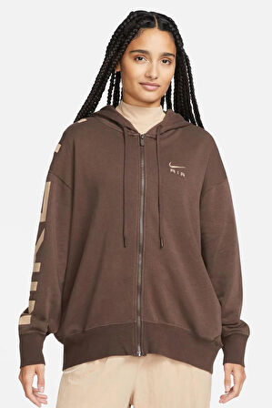 Nike Sportswear Air Fleece Oversize Full Zip Hoodie Kadın Geniş Kalıp Kapüşonlu Kahverengi Sweatshirt Kahverengi