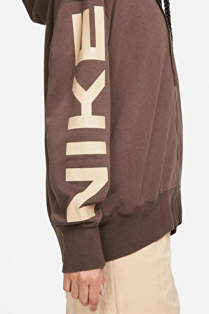 Nike Sportswear Air Fleece Oversize Full Zip Hoodie Kadın Geniş Kalıp Kapüşonlu Kahverengi Sweatshirt Kahverengi