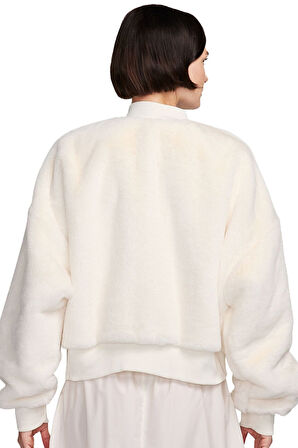 Nike Sportswear Faux Fur Bomber Reversible Oversize Jacket Kadın Oversize Suni Kürk Çift Taraflı Ceket Açık Krem