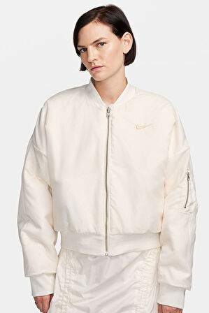Nike Sportswear Faux Fur Bomber Reversible Oversize Jacket Kadın Oversize Suni Kürk Çift Taraflı Ceket Açık Krem