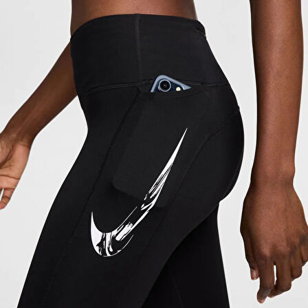 Nike Dri Fit Fast Mid Rise 7/8 Leggings Tight Kadın 3 Cepli Spor Tayt Siyah
