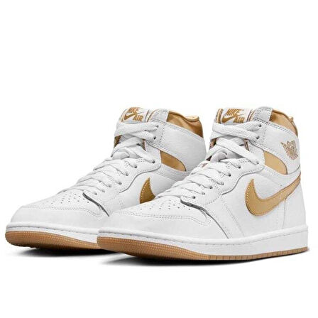Nike Air Jordan 1 MİD Retro Unisex Sneaker Hakiki Deri Bilekli Spor Ayakkabı Beyaz-Gold