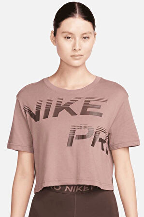 Nike Pro Dri Fit Graphics Loose Fit T-shirt Kadın Crop Büyük Beden Günlük Tişört Kahve