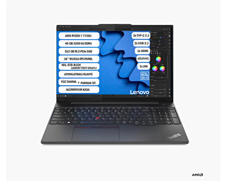  LENOVO THİNKPAD E16 GEN 1 AMD RYZEN™ 7 7730U 40 GB 512 GB SSD 16'' WUXGA IPS FREEDOS 21JT0017TX+405