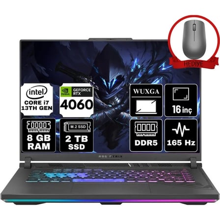 Asus Rog Strix G16 Intel Core I7 13650HX 8gb 2tb SSD RTX4060/8GB 165Hz Windows 11 Pro 16" Wuxga Taşınabilir Bilgisayar G614JV-N3452-A67