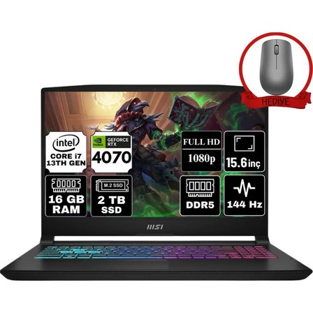 MSI Msı Katana 15 Intel Core I7 13620H 16GB 2tb SSD RTX4070 Freedos 15.6" Fhd 144Hz Taşınabilir Bilgisayar B13VGK-1874XTR-A7 & Anzar Mouse