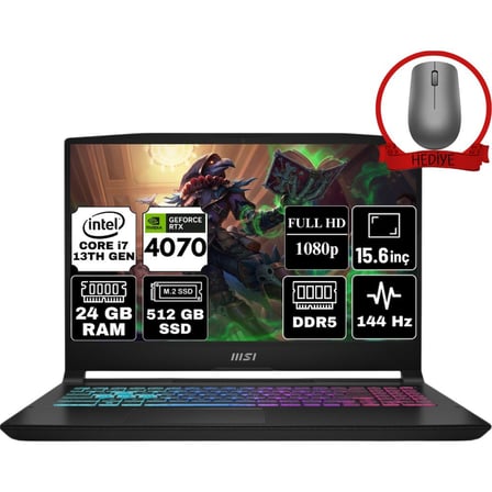 MSI Msı Katana 15 Intel Core I7 13620H 24GB 512GB SSD RTX4070 Freedos 15.6" Fhd 144Hz Taşınabilir Bilgisayar B13VGK-1874XTR-A9 & Anzar Mouse