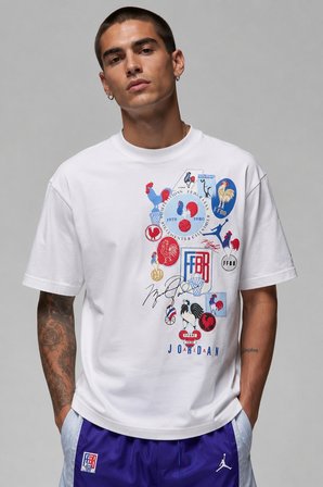 Nike Jordan SportX Federation Française de Basketball Oversize Short Sleeve Mens Tee Bol Kesim Erkek Günlük Tişört Beyaz 