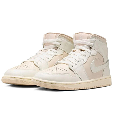 Nike Air Jordan 1 Mid Unisex Leather Sneaker Hakiki Deri Bilekli Günlük Spor Ayakkabı Krem