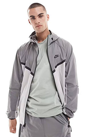 Nike Tech Windrunner Woven Full Zip Loose Fit Jacket Erkek Bol Kesim Paraşüt Kumaş Kapüşonlu Ceket Gri