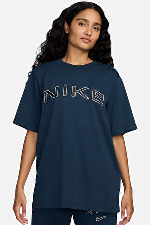 Nike Sportswear Phoenix Graphic Loose Short Sleeve Kadın Bol Kesim Pamuklu Tişört Lacivert