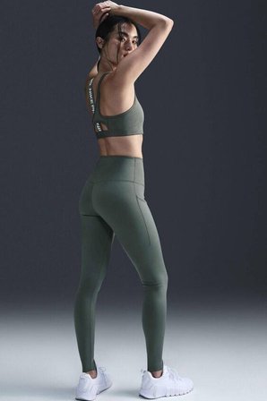 Nike Go Firm Support High Rise Full Length Kadın 6 Cepli Lazer Kesim Antreman Taytı Koyu Yeşil
