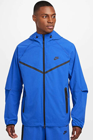 Nike Tech Windrunner Woven Full Zip Loose Fit Jacket Erkek Bol Kesim Paraşüt Kumaş Kapüşonlu Ceket Sax Mavi