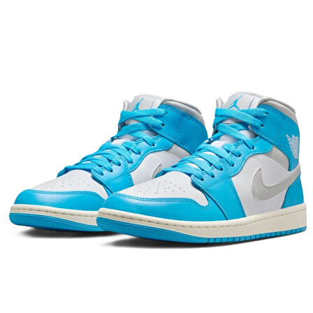 Nike Air Jordan 1 Mid Unisex Leather Sneaker Hakiki Deri Bilekli Günlük Spor Ayakkabı Beyaz Mavi