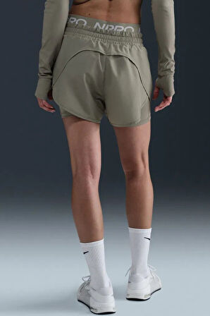 Nike Pro Dri Fİt 2IN1 Loose Fit Women's Shorts Kadın Bol Kesim Taytlı Antrenman Şortu Haki