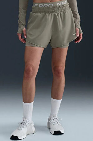 Nike Pro Dri Fİt 2IN1 Loose Fit Women's Shorts Kadın Bol Kesim Taytlı Antrenman Şortu Haki