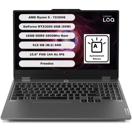 Lenovo LOQ AMD Ryzen 5 7235HS 16GB 512GB SSD RTX3050 Freedos 15.6" FHD 83JC000QTR