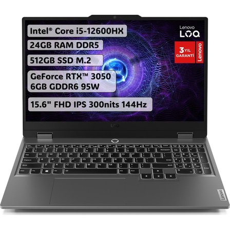 LenovoLOQ Intel Core i5 12600HX 24GB 512GB SSD RTX3050 Freedos 15.6" IPS Taşınabilir Bilgisayar 83GS00P5TR