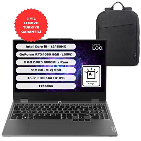 Lenovo LOQ 15IAX9 GTICNT Intel Core I5 12450HX 8gb 512GB SSD RTX4060 Freedos 15.6" FHD 83GS00PGTR + Çanta Hediyeli