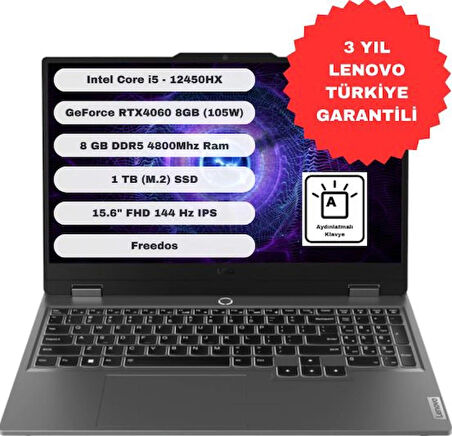 Lenovo LOQ 15IAX9 GTI1 Intel Core I5 12450HX 8gb 1TB SSD RTX4060 Freedos 15.6'' Fhd Taşınabilir Bilgisayar 83GS00PGTR