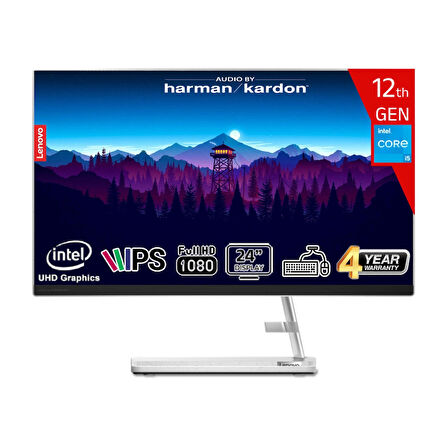 Lenovo IdeaCentre AIO3 24IAP7 Intel Core i5-12450H 16GB 512GB SSD Intel UHD Graphics 23.8 FHD IPS FreeDos F0GH01HXTR Klavye+Mouse Beyaz All In One Bilgisayar