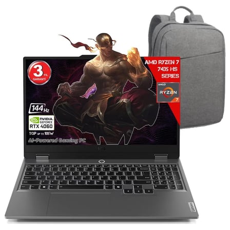 Lenovo Loq 15ARP9 Aı Amd Ryzen 7-7435HS 24 GB Ram Ddr5 1 Tb SSD SSD RTX4060 8gddr6 15.6 IPS 144Hz Fhd Freedos 83JC00FJTR-241C Dizüstü Bilgisayar (Yapay Zeka Destekli)+ Çanta