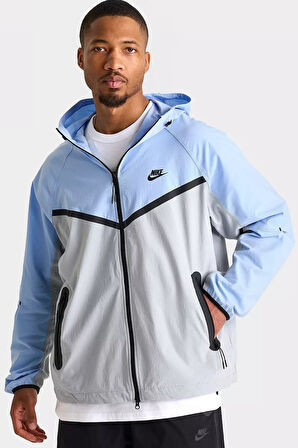 Nike Tech Woven Windrunner Full Zip Loose Fit Jacket Erkek Bol Kesim Dokuma Kapüşonlu Spor Ceket Mavi Gri
