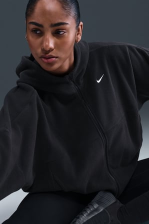 Nike One Oversize Therma-Fit Full Zip Womens Sweatshirt Bol Kesim Tam Fermuar Kapüşonlu Polar Kadın Sweatshirt Siyah 