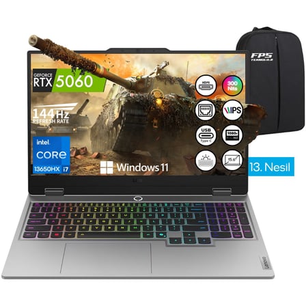 Loq 15IRX10 İ7-13650HX RTX5060 100W 24GB Ram 2tb SSD 15.6" Fhd IPS 144Hz W11 Taşınabilir Bilgisayar