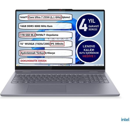 Lenovo Ideapad 5 2 In 1 16IAL10 Intel® Core Ultra 7 255H 16GB 1tb SSD 16" Touch 83KS002ATR Freedos Dokunmatik Bilgisayar