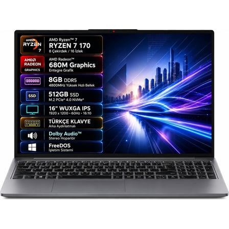 Ideapad Slim 3 16ARP10 83K800DKTR Amd Ryzen 7-170 8gb 512GB SSD 16" IPS Freedos Taşınabilir Bilgisayar