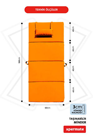 XPERMATE Katlanır Şezlong Minderi - Taşınır Kamp Yatağı Su Itici Solmaz Kumaş 180x60x3 Turuncu Ultraluks