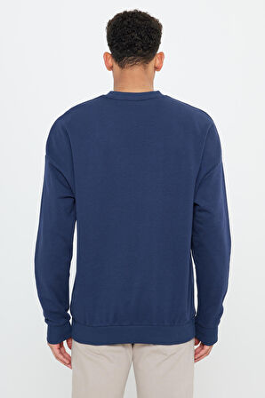 Erkek Lacivert Oversize Bol Kesim 3 Iplik Bisiklet Yaka Pamuklu Sweatshirt
