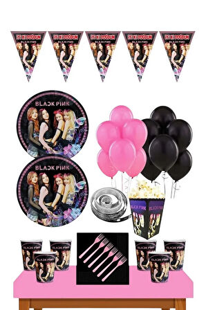 8 Kişilik Black Pink Doğum Günü Konsept Seti Black Pink Balon Bardak Tabak Balon Zinciri Seti