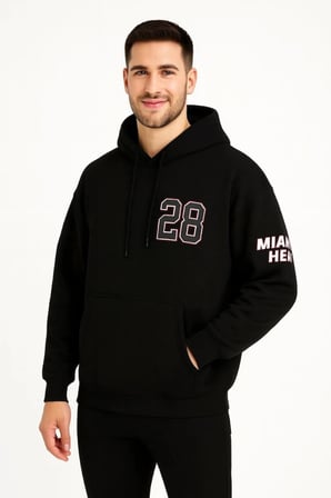 Üç İplik Kapüşonlu Ön ve Arka Baskılı SweatShirt Hoodie - Siyah