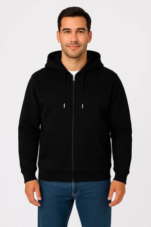 Erkek Üç İplik Kapüşonlu Tam Fermuarlı Kanguru Çepli SweatShirt Hoodie - Siyah
