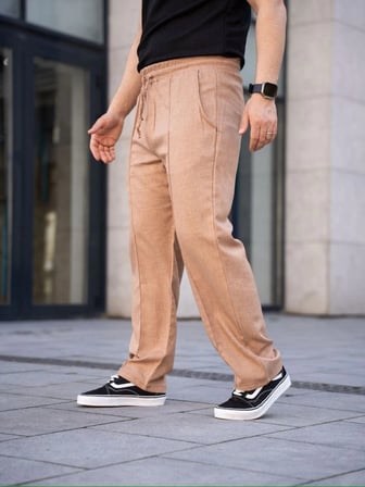 Erkek Keten Cepli Çıma Dikişli Jogger Buggy Pantalon Rahat Kalıp - Kahverengi
