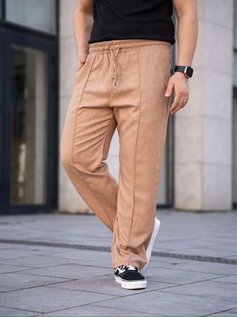 Erkek Keten Cepli Çıma Dikişli Jogger Buggy Pantalon Rahat Kalıp - Kahverengi