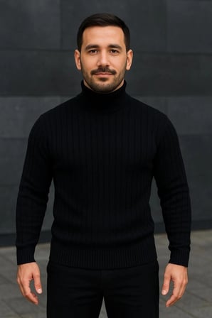 Erkek Balıkcı Yaka Bağazlı Triko Kazak Pamuklu Kalın Fitilli Dokuma, Regular Fit Uzun Kollu Kışlık Model - Siyah